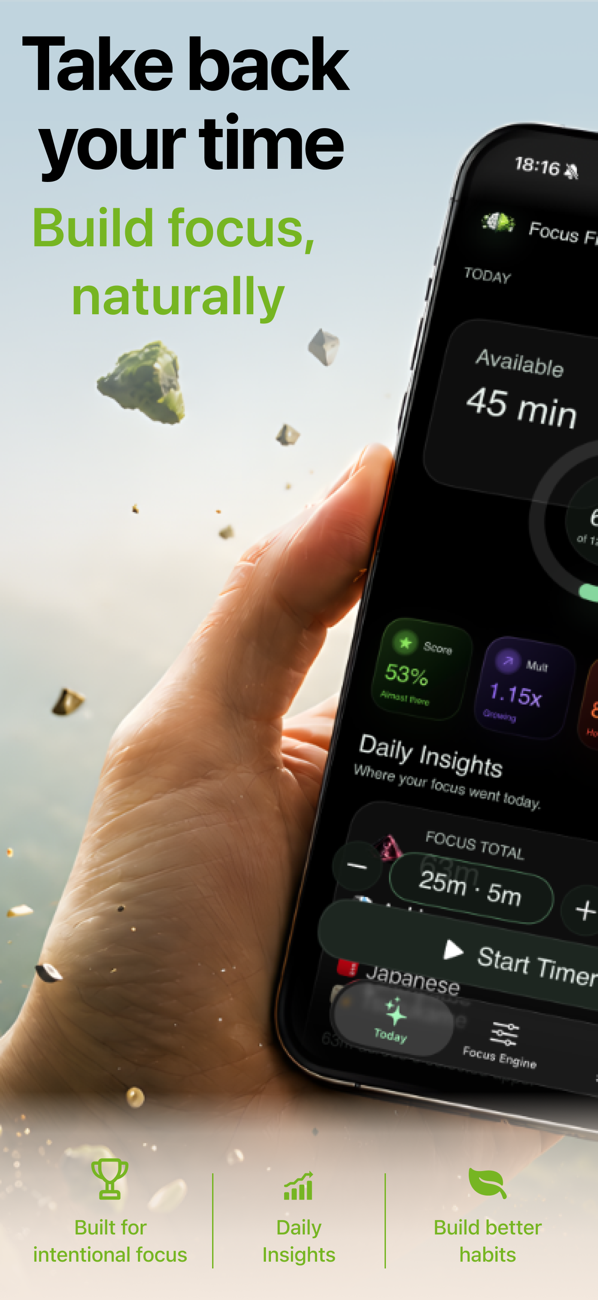 FocusFirst Today dashboard on iPhone showing 45 minutes of available earned screen time, focus score, and daily insights