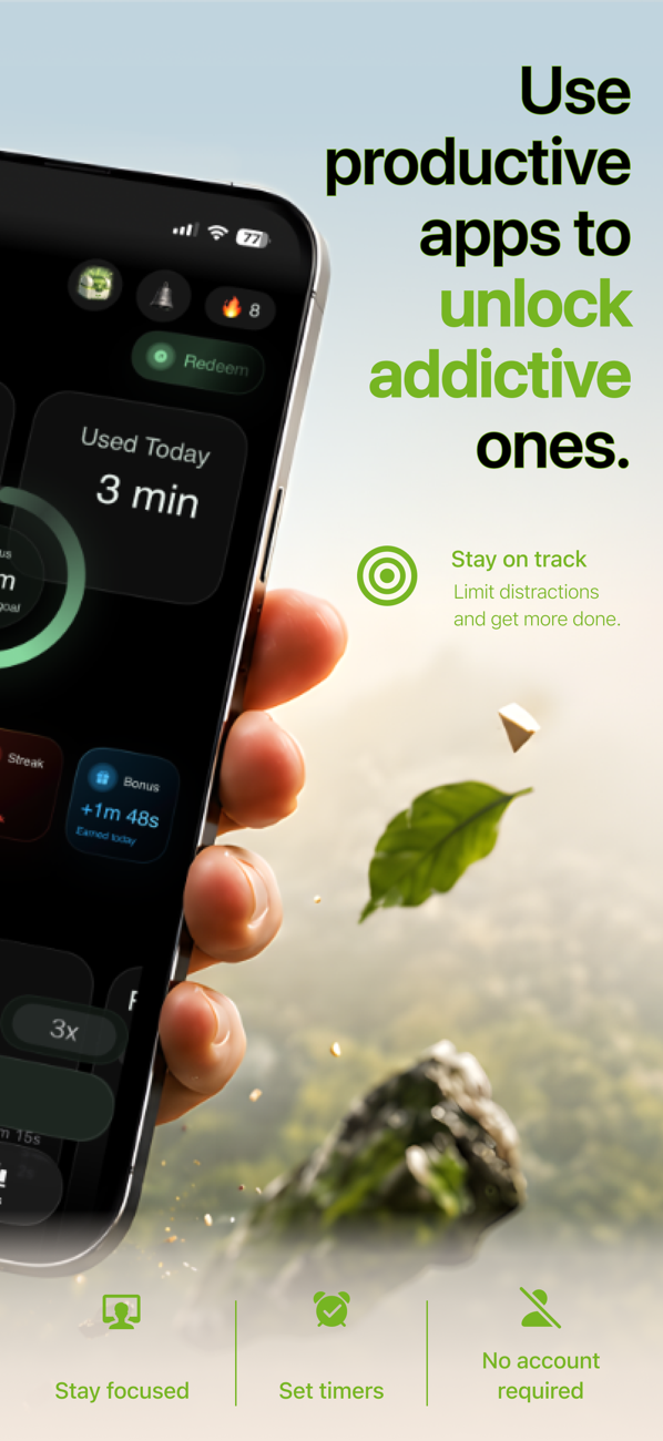 FocusFirst screen explaining how productive apps unlock addictive ones, with streaks and bonus earned time